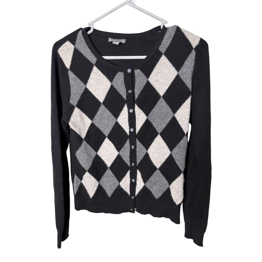 Apt. 9 Black Grey White Size M 100% Cashmere Argyle Cardigan Sweater